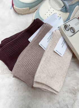 韩国进口美拉德色系袜子女秋冬中筒袜棉质加厚棕色燕麦色黑色白色