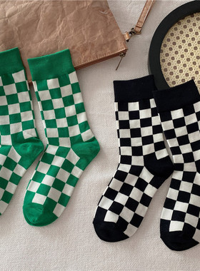 黑色绿色棋盘格袜子女纯棉ins潮流网红方格中筒袜复古简约堆堆袜