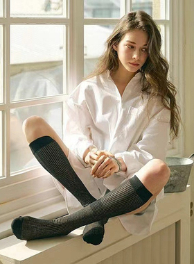 东大门进口韩国长筒袜白色透视条纹堆堆袜春季薄款坑条显瘦小腿袜