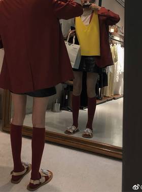 顽童大人同款棉质中筒袜网红日系堆堆袜红色小腿袜及膝女袜潮袜子