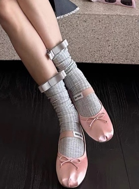 欧洲走秀款灰色中筒袜竖条纹超薄显瘦长筒袜立体双层蝴蝶结堆堆袜