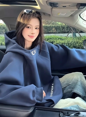 libetter25AW新款美式复古高领连帽卫衣男女秋拼接刺绣帽衫外套