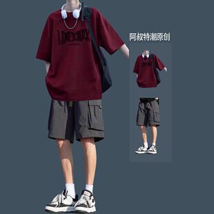 libetter夏季 宽松短裤 短袖 潮搭配 纯棉t恤男生一整套酷帅穿搭套装