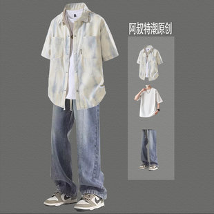 韩版 libetter美式 帅气三件套 男生青少年夏季 套装 潮牌扎染短袖 衬衫