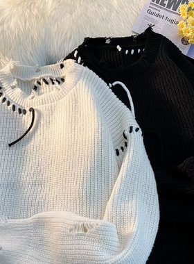libetter25AW休闲潮流小众针织衫男女冬潮牌做旧破洞圆领纯色毛衣