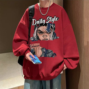 lilbetter26AW男装休闲长袖二次元穿搭酒红Daily印花慵懒宽松