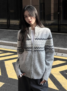 费尔岛针织开衫女秋冬穿搭半高领毛衣拉链外套宽松慵懒风软糯上衣