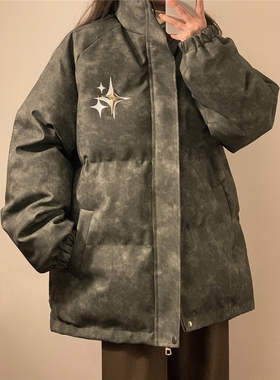 libetter25AW休闲中性风PU皮复古做旧可拆卸四芒星胸针设计棉衣男