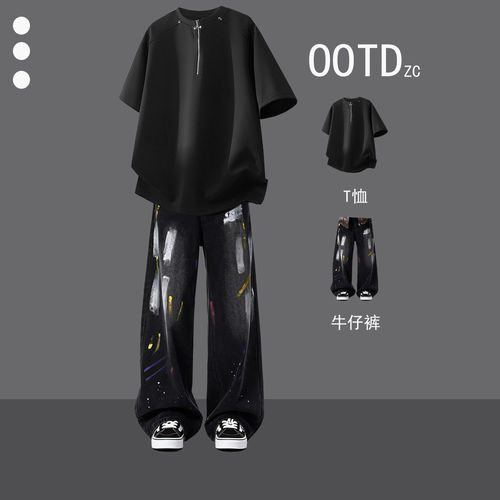 libetter2026夏季新款重磅铆钉半拉链正肩短袖潮男涂鸦牛仔裤酷帅