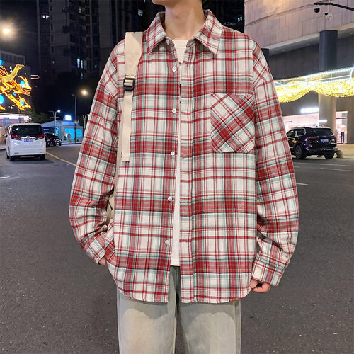 秋季美式复古格纹宽松翻领衬衫