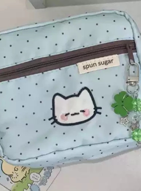 卡通蓝色波点小猫零钱包学生可爱大容量收纳包高颜值创意相机包