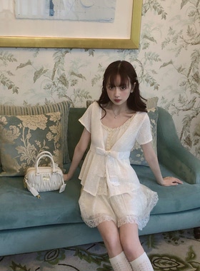 甜玫瑰rosecandy·middot古着感蕾丝拼接蝴蝶结开衫+半裙套装