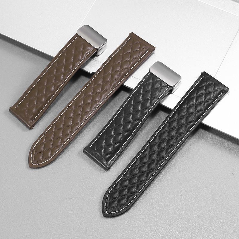 菱形格纹手表带适配欧米茄豪雅天梭美度浪N琴卡西欧真皮表带男女