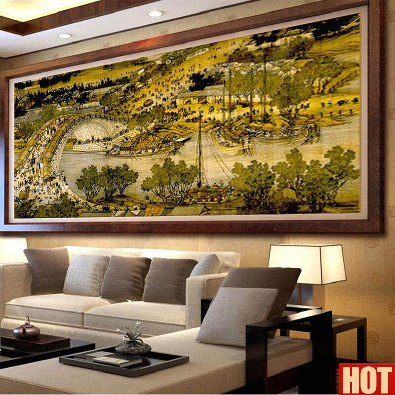 工十字绣清明上河图成品 客厅大幅挂画带框 棉布满绣十字绣2米3米