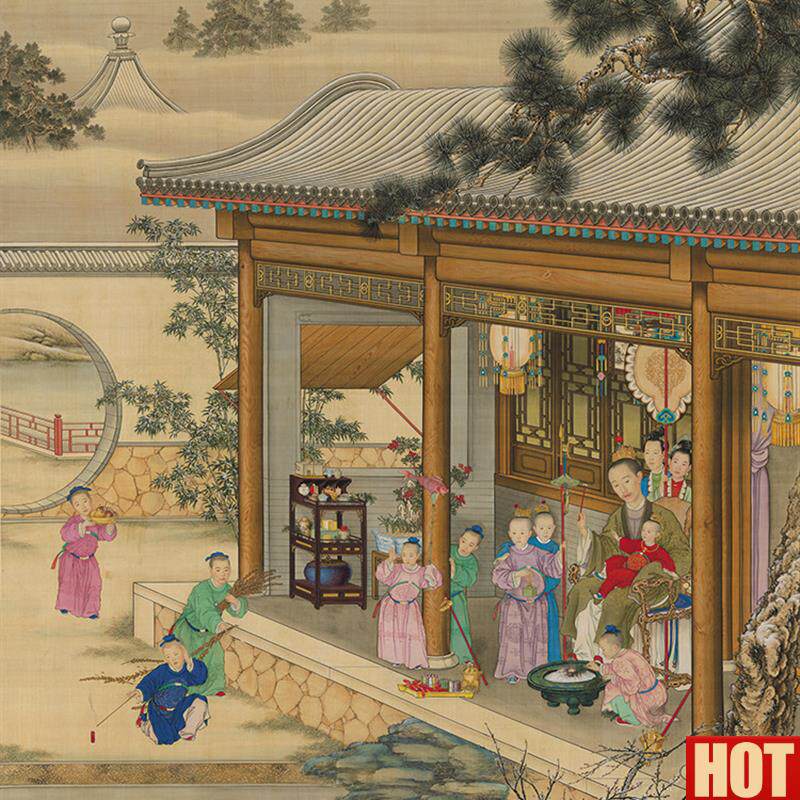 人画弘历岁朝行乐图X高清晰度彷古国画绢布无框装裱艺术微喷复制