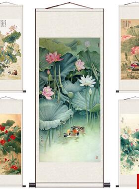 花鸳鸯办公室书房装饰画y卧室挂画风水丝绸画卷轴画水墨荷花壁画