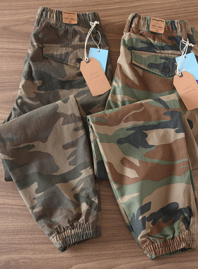 10178#秋冬迷彩松紧腰美式复古重磅纯棉水洗宽松休闲束脚工装裤男