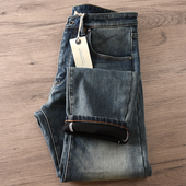 欧美复古咔叽重磅砂洗怀旧加绒牛仔裤 潮 直筒加厚保暖长裤 男士 修身