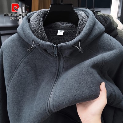 皮尔卡丹高档男士摇粒绒加绒加厚卫衣冬季新款中年上衣连帽帽衫男