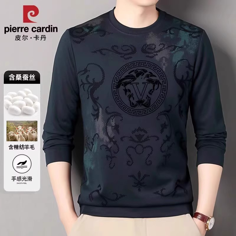 皮尔卡丹2025春秋新款男士羊毛桑蚕丝圆领长袖卫衣中年休闲打底衫