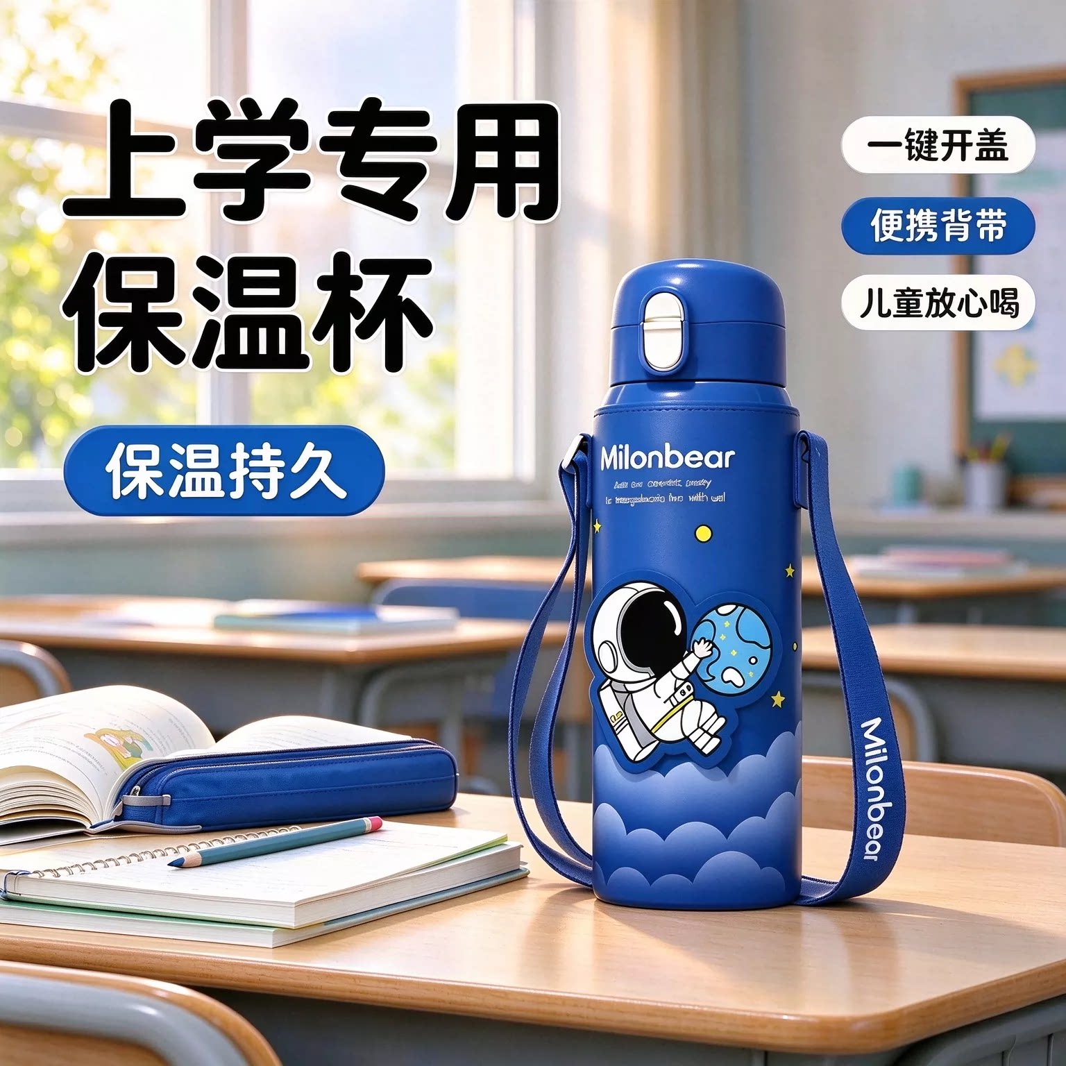 抑菌儿童保温杯学生上学专用太空人316不锈钢便携水杯保温持久