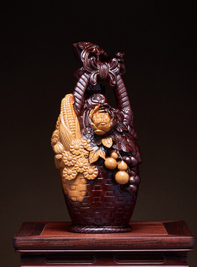 黑檀木雕花篮大丰收摆件实木质五谷丰登家居客厅装饰店铺开业送礼