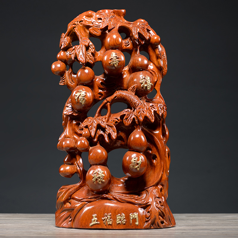 花梨木雕葫芦摆件实木五福临门福禄寿禧财客厅玄关电视柜红木摆设