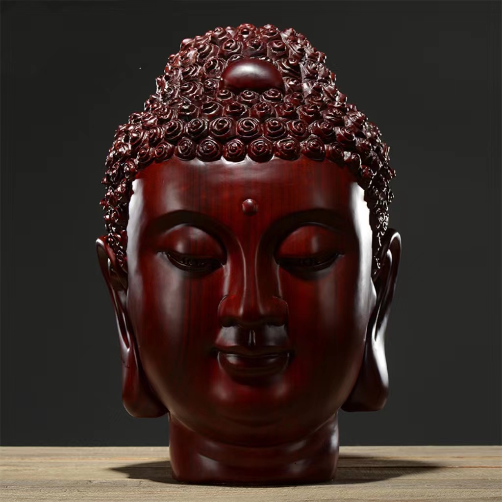 红花梨木雕佛头桌面摆件释迦摩尼如来佛祖佛像禅意风水红木工艺品