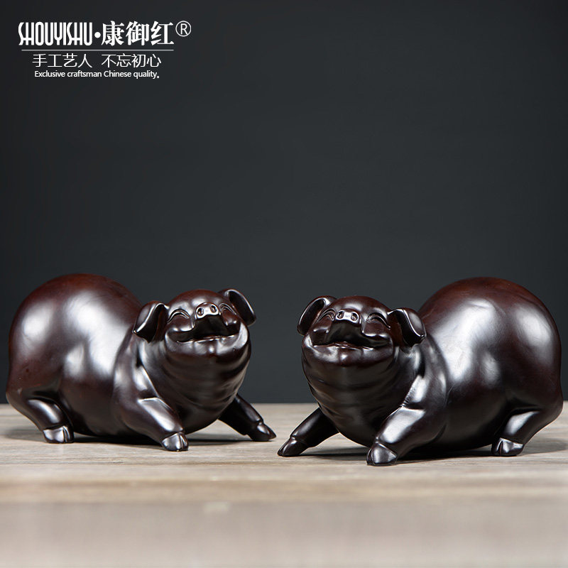 黑檀木雕对猪摆件实木十二生肖情侣猪家居装饰风水红木雕刻工艺品