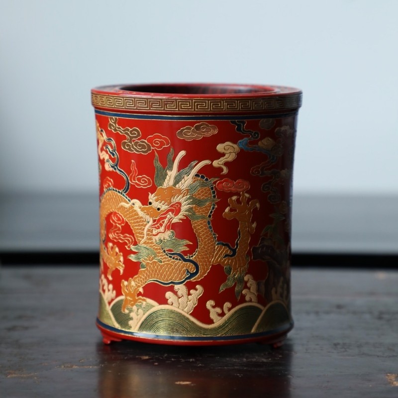 印度小叶紫檀整木挖制三足戗金双龙戏珠笔筒漆雕收纳红色喜庆婚嫁