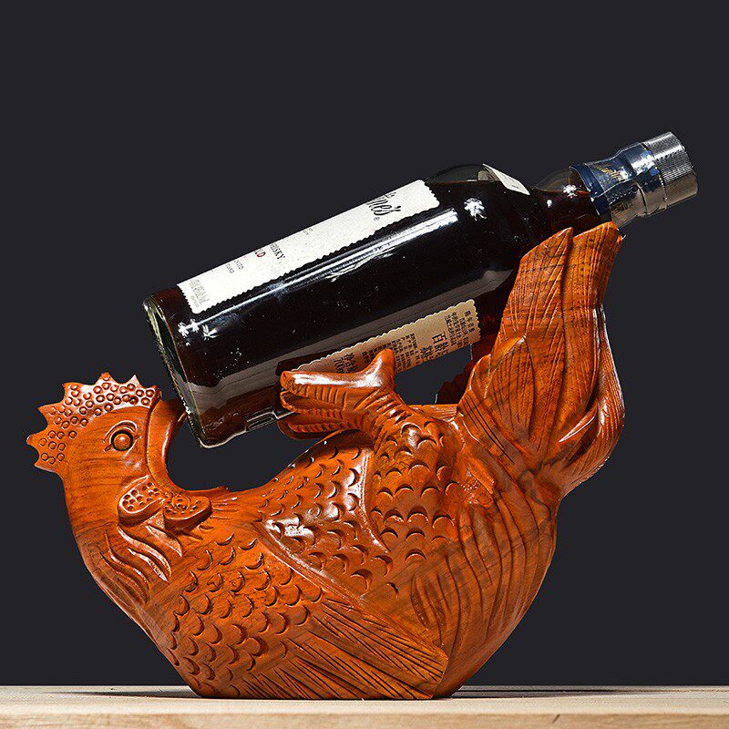 黄花梨木雕鸡酒托架摆件创意实木家用客厅餐厅红酒架葡萄酒架摆设