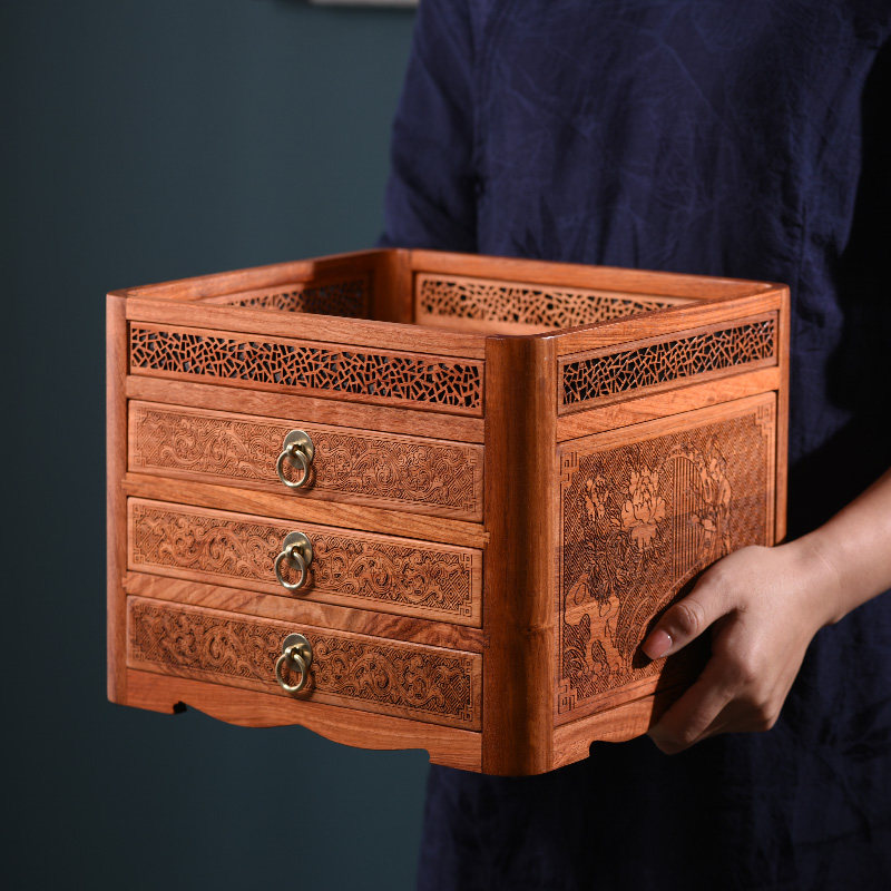 缅甸花梨木茶叶盒木质中国风复古茶饼收纳盒客厅红木三抽普洱茶盒