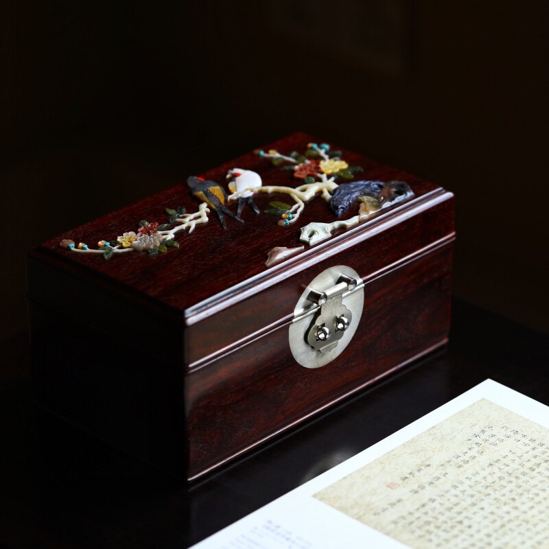 印度小叶紫檀喜上眉梢首饰盒收藏盒复古中式饰品盒结婚礼品珠宝盒