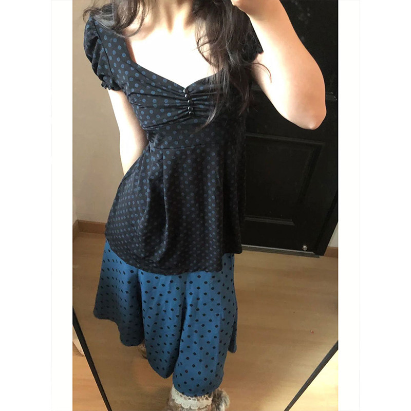 古着vintage复古套装裙女夏季新款波点V领收腰上衣+半身裙两件套