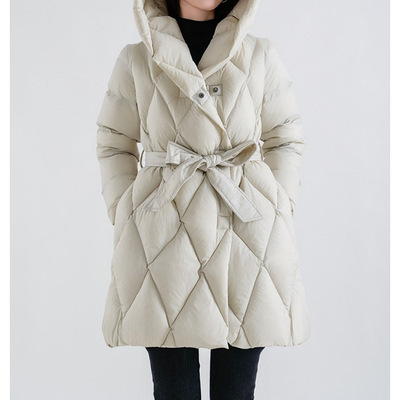 高端95白鹅绒羽绒服面包服女款菱格中长款鹅绒服平湖女装白色连帽