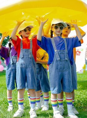 儿童演出服毕业照服装糖果色牛仔裤春季运动会小学生啦啦队表演服