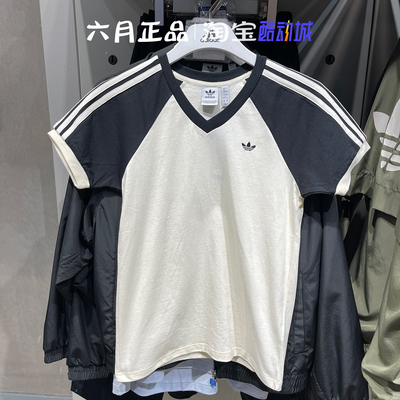 阿迪达斯短袖女三条纹棉质半袖