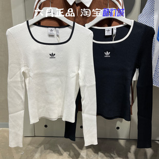 阿迪达斯三叶草女子小logo针织打底衫方领套头衫 JM8055 JM8052