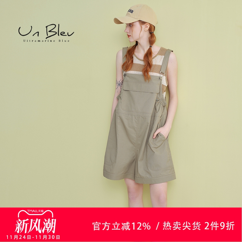 UnBleu背带裤女夏短裤纯棉黑色