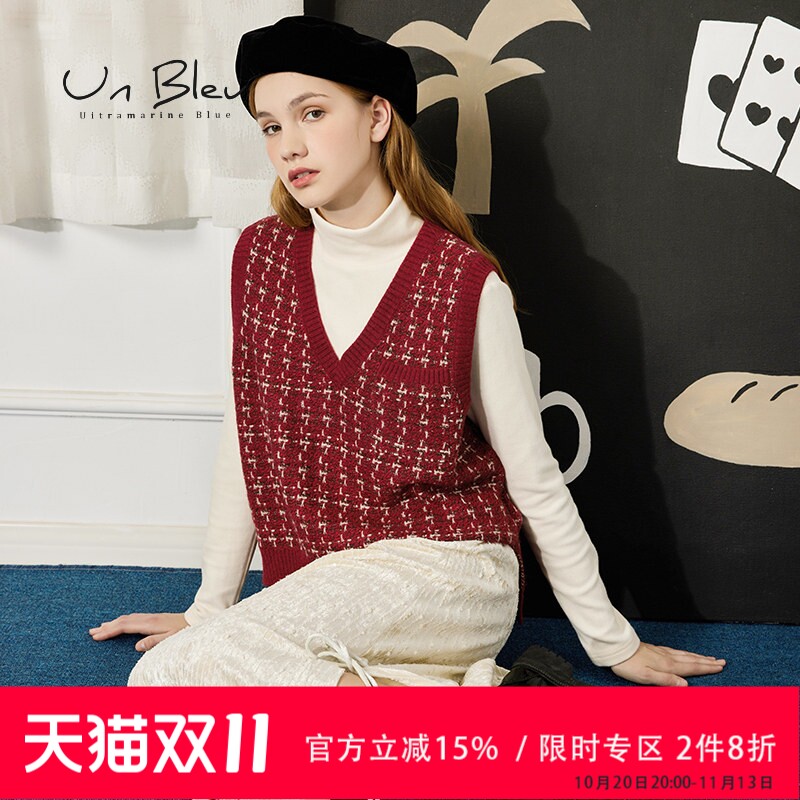 UnBleu格纹针织马甲女春秋季新款学院风慵懒文艺叠穿套头背心上衣