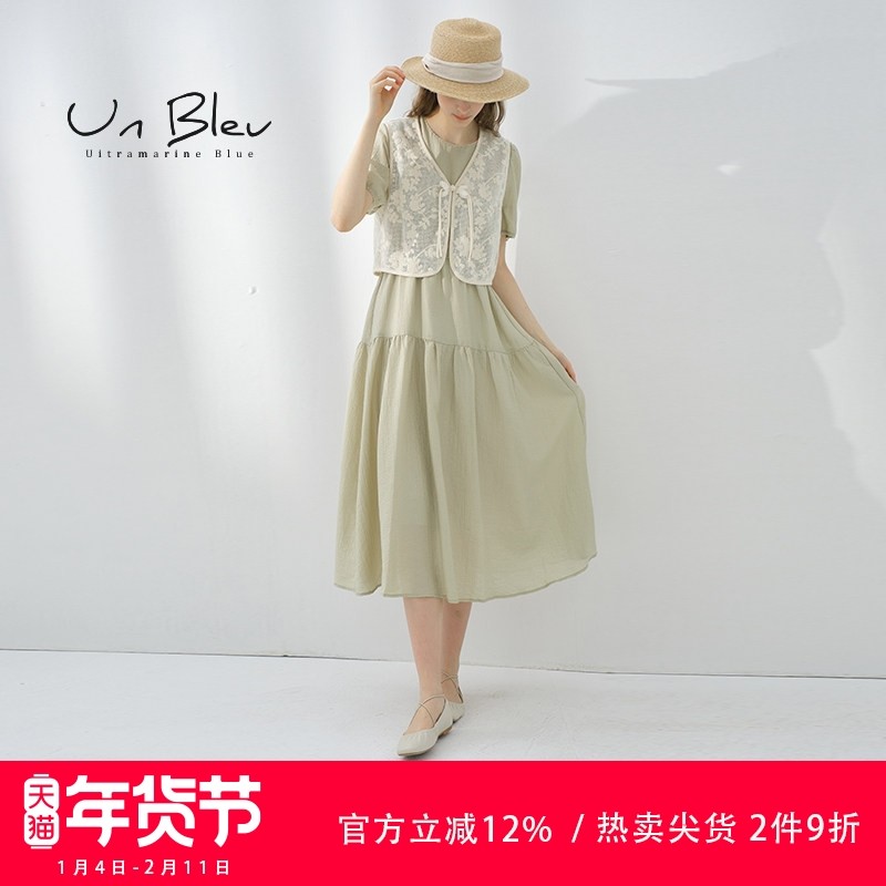 UnBleu民族风连衣裙女夏季新款时尚女装蕾丝马甲两件套裙子