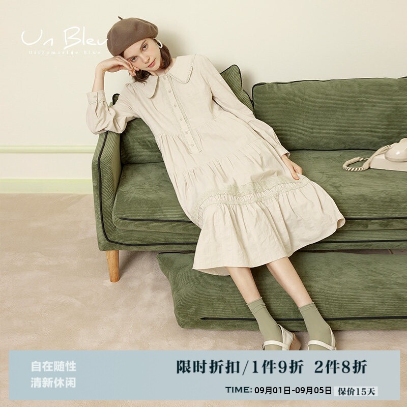 UnBleu长款连衣裙女春季新款长袖高级温柔宽松娃娃领纯棉裙子