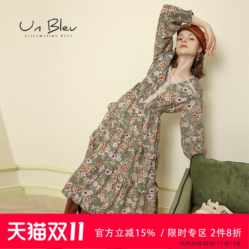 UnBleu波西米亚连衣裙女春秋季新款复古法式女装长款碎花收腰裙子