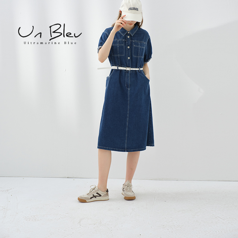 UnBleu牛仔连衣裙女夏纯棉短袖