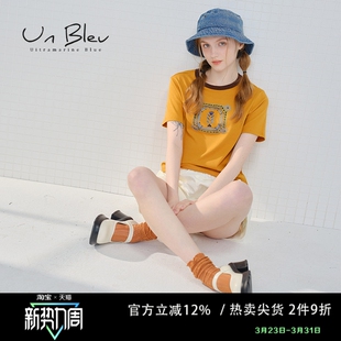 气质复古印花女装 新款 休闲白色上衣 t恤女夏季 Unbleu正肩短袖