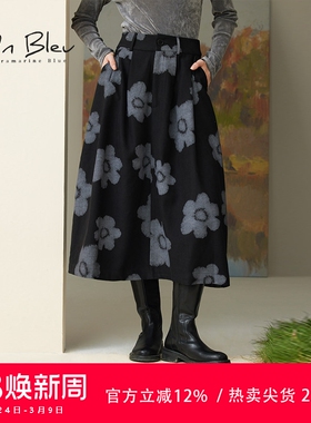 UnBleu半身裙女伞裙春秋新款复古韩版女装印花别致甜辣中长裙子