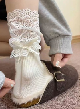 蝴蝶结搭配白色蕾丝花边也太仙了吧~袜子女中筒袜纯欲风堆堆袜女