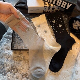 夏季镂空碎钻烫印中筒袜子女花边爱心薄丝堆堆袜搭配玛丽珍鞋