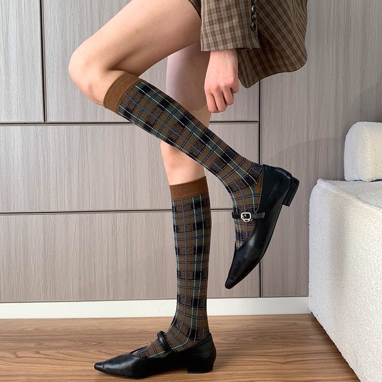 复古经典韩系及膝袜日常搭配几何小方块拼色小腿袜Judoll