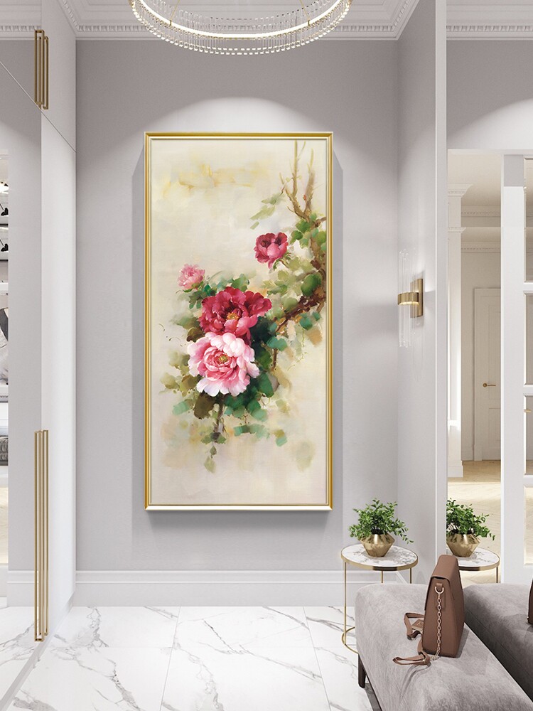 New Chinese style entrance decorative painting vertical peony flower hanging painting Flower rich corridor mural Modern pure hand-painted oil painting